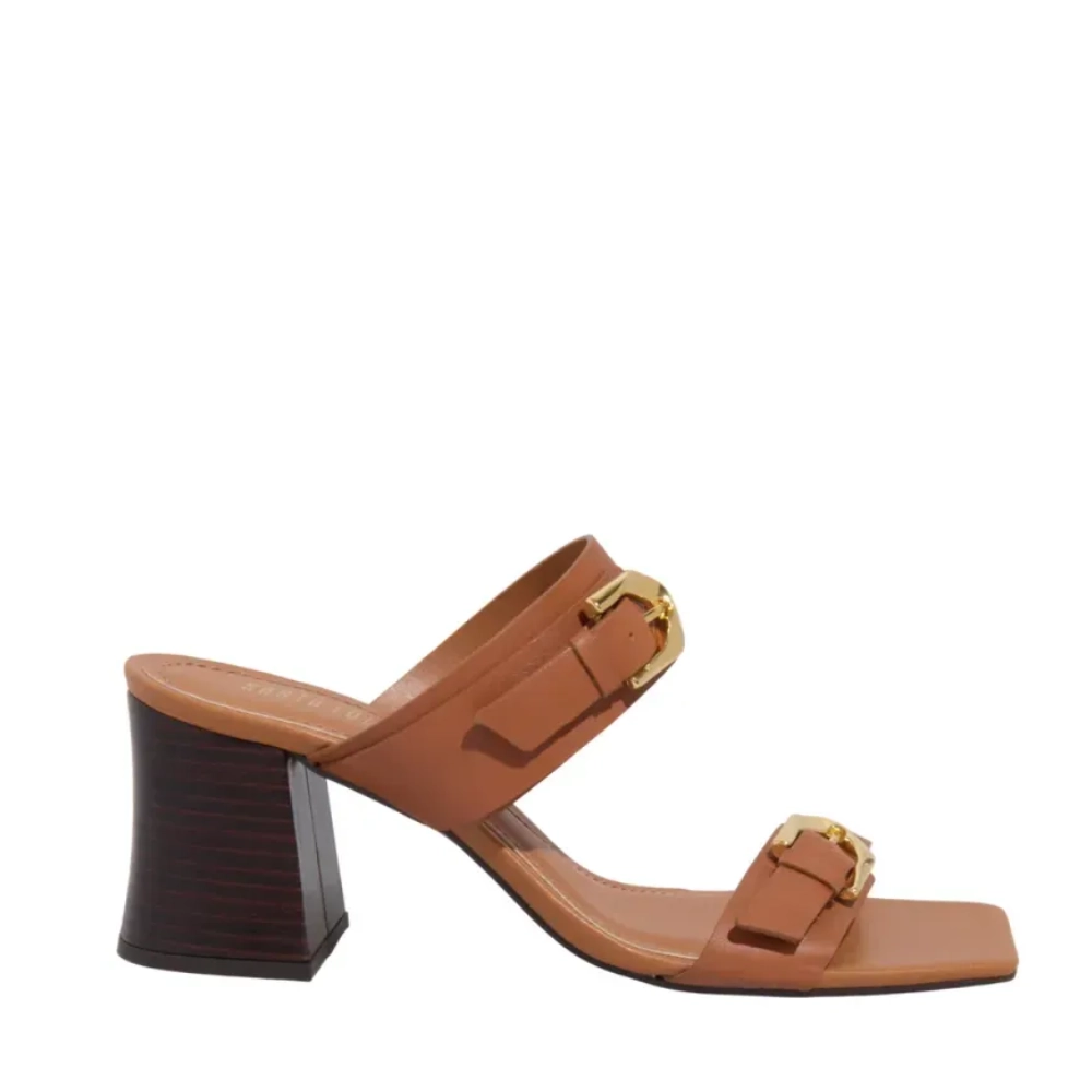 Mule Couro Caramelo Bico Quadrado Salto Bloco - Santa Lolla